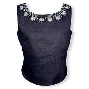 Y2K Black Linen Shell Top Beaded Embroidered Floral Sleeveless Zip Blouse Medium